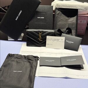 Yves Saint Laurent Quilted Black Card Holder with Gold Logo